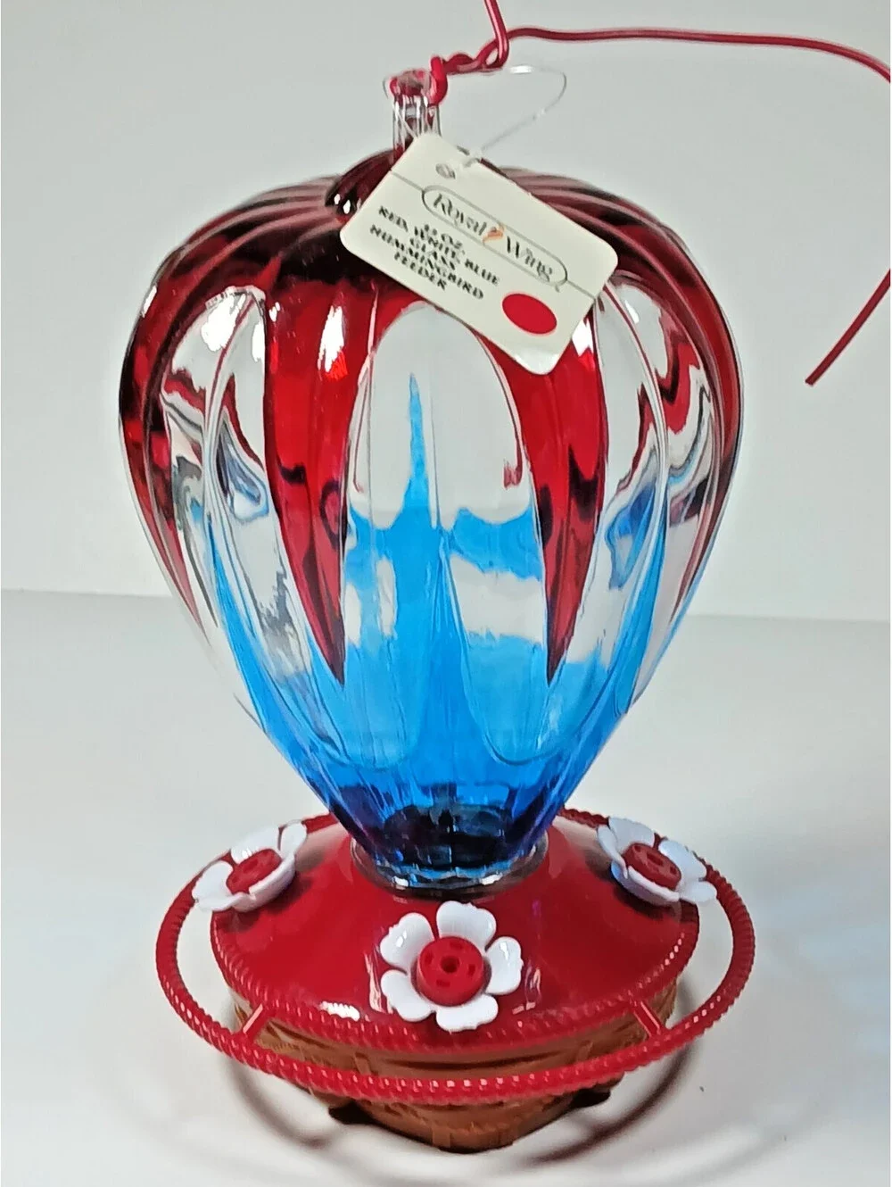 Royal Wing Hot Air Balloon Glass Hummingbird Feeder Screw On Base Red white Blue